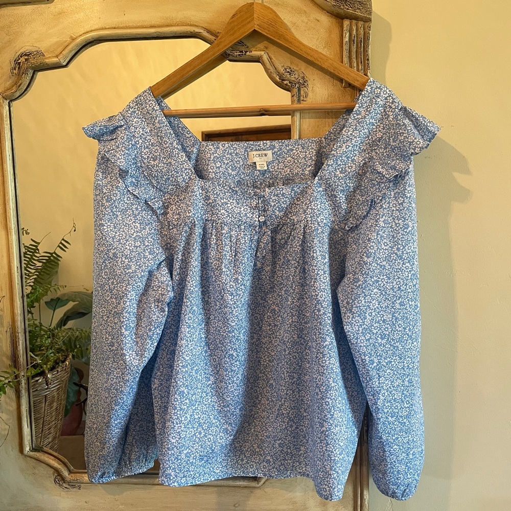 J. Crew Blue and White Ruffled 3/4 Sleeve Blouse